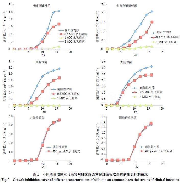 不同質量濃度水飛薊賓對6種標準菌株的生長抑制曲線（二）